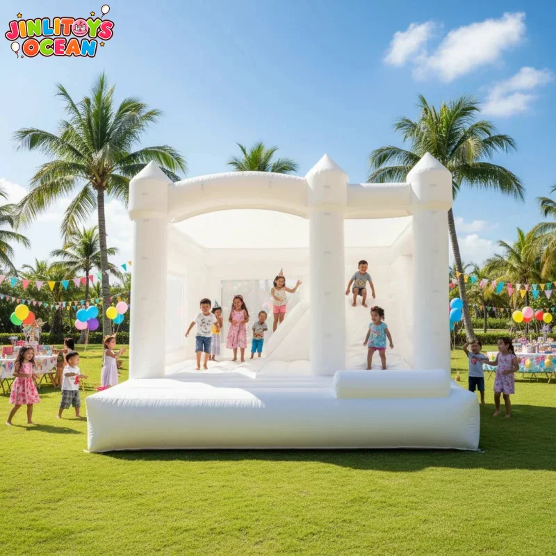 White Inflatable Bounce House with Slide, Wedding Bouncy Castle for Party & Event Rental