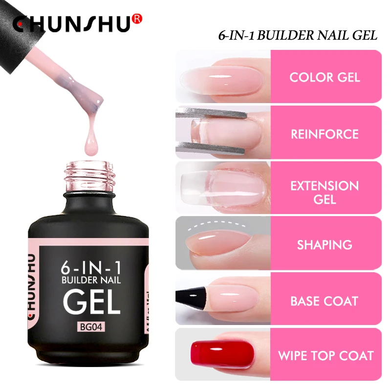 CHUNSHU TPO Free 6 w 1 Żel do przedłużania paznokci UV w butelce, żel budujący, gumowa baza, półtrwałe paznokcie, zdobienie paznokci, 15 ml