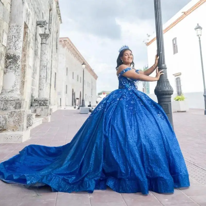 

Mexico Royal Blue Quinceanera Dresses Shiny Sequin Applique Lace Beads Tull Sweet 16 Ball Gown With Cape Customized