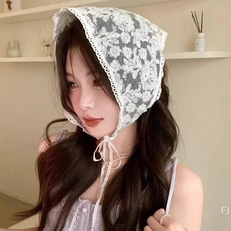 

Travel Photo Accessory: Sweet Lace Triangle Scarf, White Turban Headband for Women
