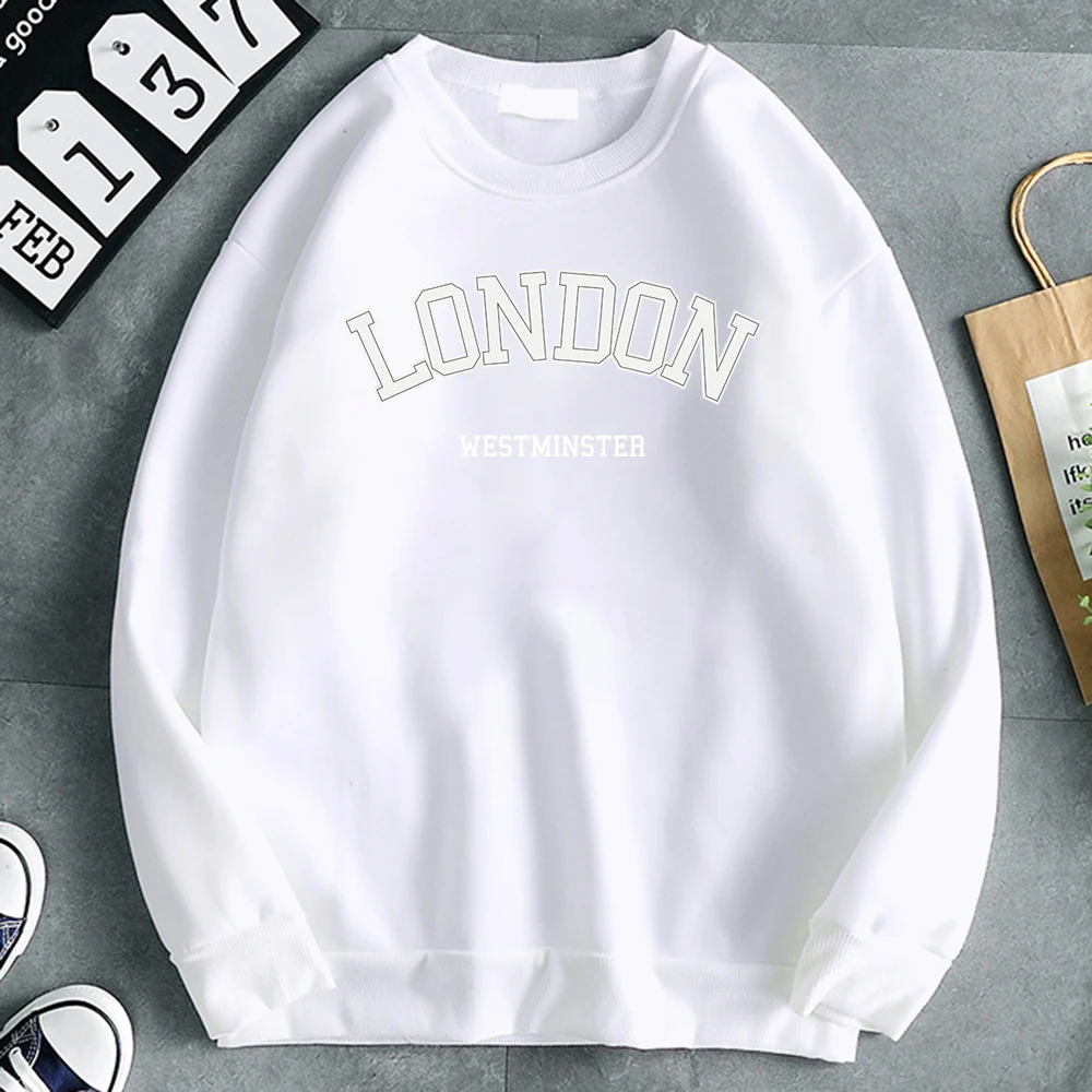 Autumn Fashion Woman Pullover London Westminster Street Letter Print Hoody Crewneck Fleece Sweatshirt Loose Warm Female Clothes