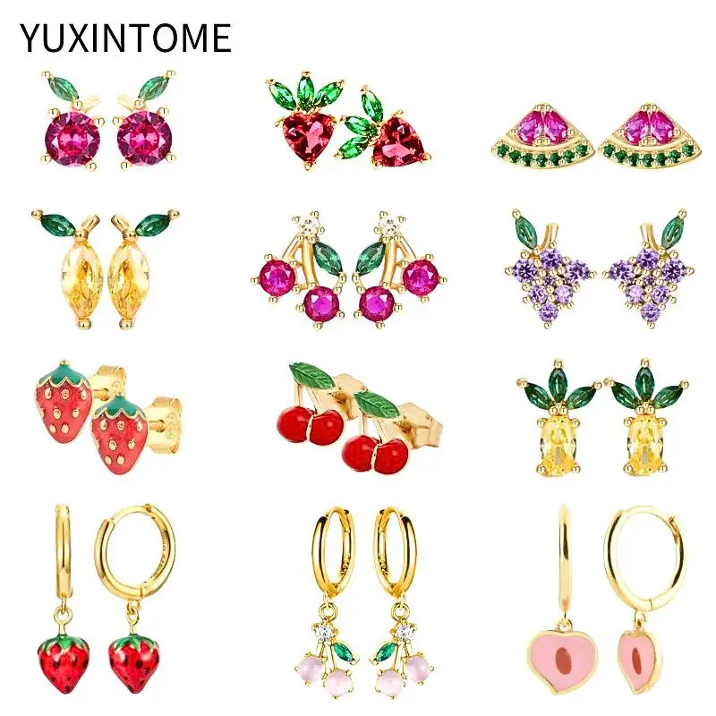 925 Sterling Silver Ear Needle Colorful Crystal Fruit Earrings Small Cute Cherry Pineapple Grape Stud Earrings for Women Jewelry