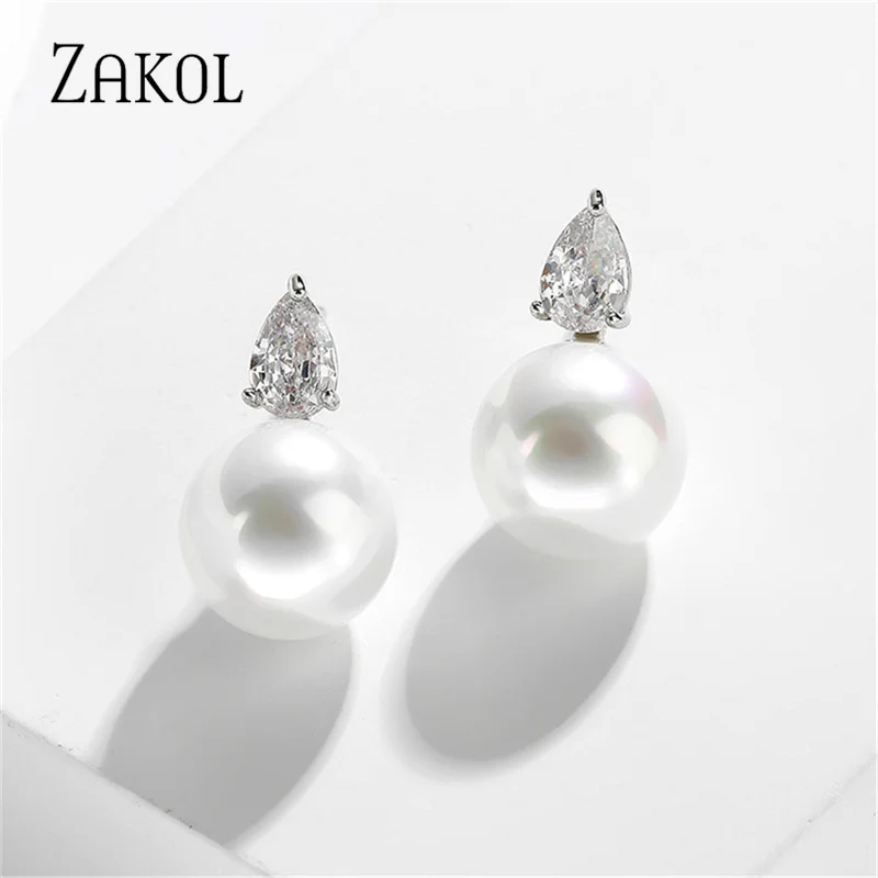 ZAKOL Cute Round Imitation-pearl Stud Earrings for Women Glittering Teardrop Zircon Bridal Earring Fashion Wedding Party Jewelry