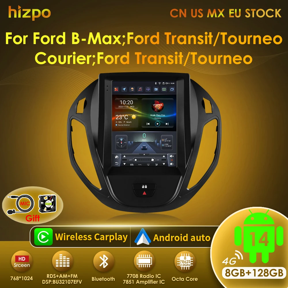 Hizpo 9,7 "Für Tesla Stil Radio für Ford Transit Tourneo Courier B-Max 2012-2021 GPS Auto multimedia 2din Android Auto CarPlay