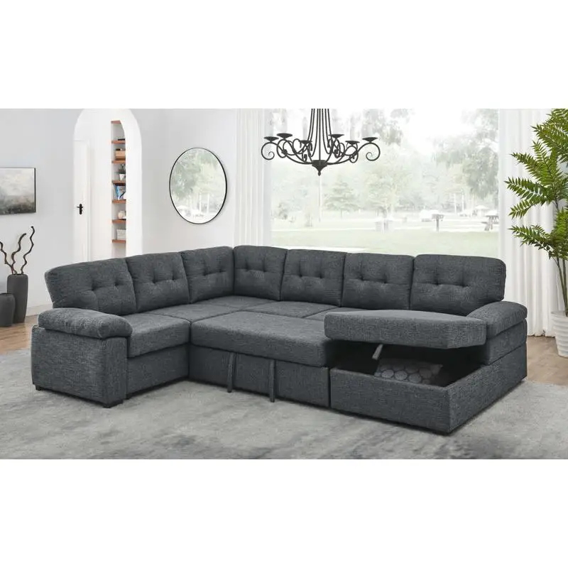 

Linen Blend Fabric U-Shaped Sectional Sleeper Sofa with Storage Chaise, Pull-Out Bed Function, Stylish Living Room Furniture