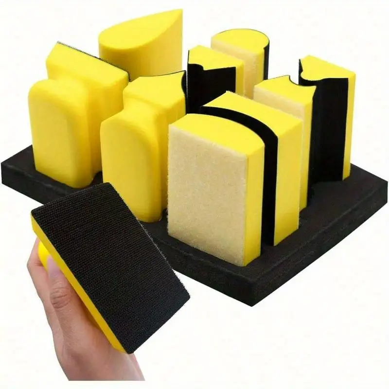 9 Piece Contoured Profile Hand Sanding Block Set Hook Loop Foam Sander Blocks for Wood Auto Body Repair Paint Furniture
