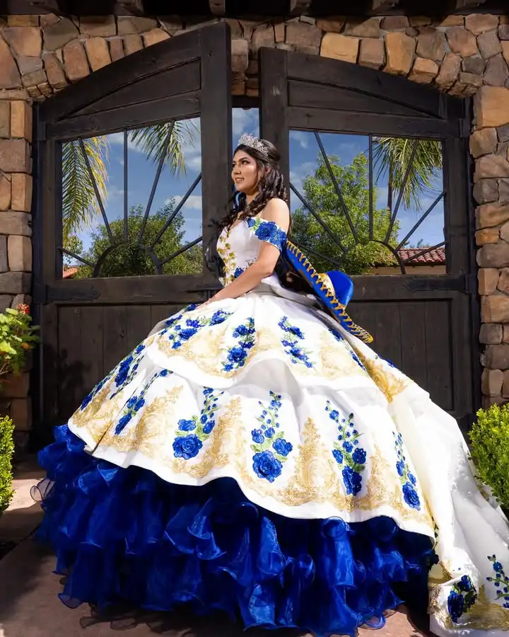 Customized Vintage Gold Applique Quinceanera Dress Edges Layered Vestidos De 15 Anos Blue Ball Gown xvaños
