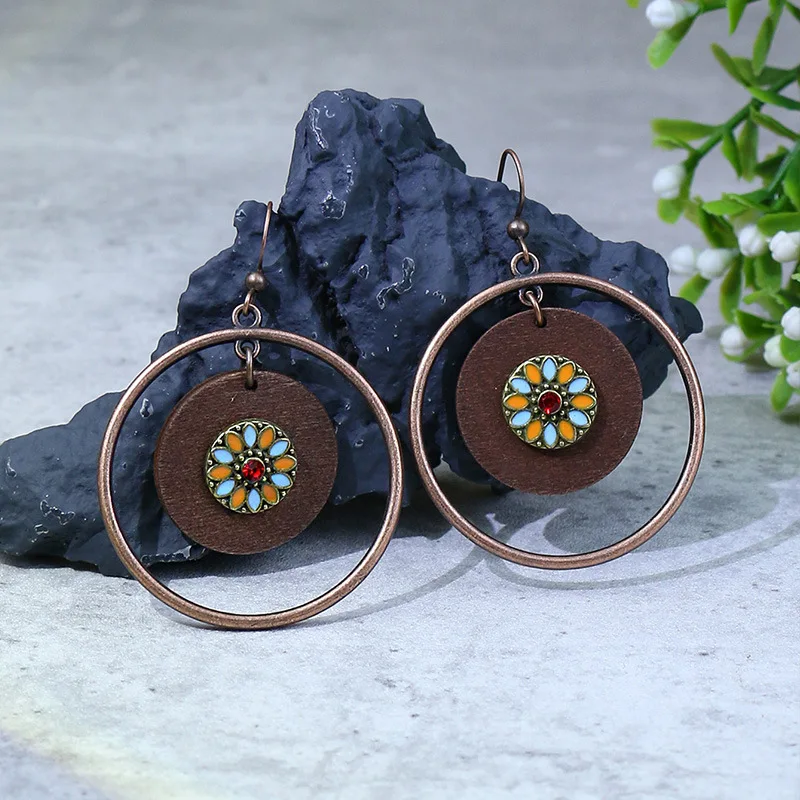 Ethnic Bohemian Vintage Wooden Beaded Dangle Earrings For Women Geometric Hoop Tassel Antique Gold Color Earrings Pendientes view 3