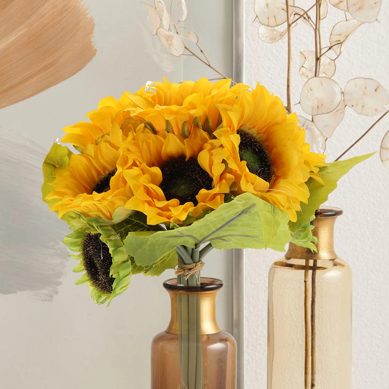 

Simulated Sunflower Wedding Bouquet Yellow Artificial Bride Flowers Bridal Bridesmaid Decorations Reusable Realistic Shape Home