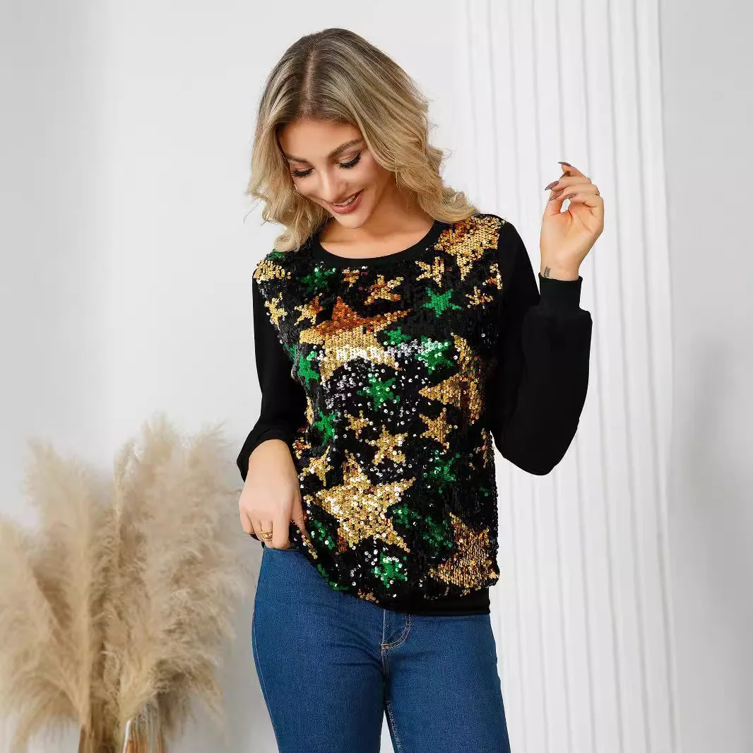 Damesjack met lange mouwen en sterpatroon Pailletten Europese en Amerikaanse stijl voor kerstfeest Elegant sweatshirt