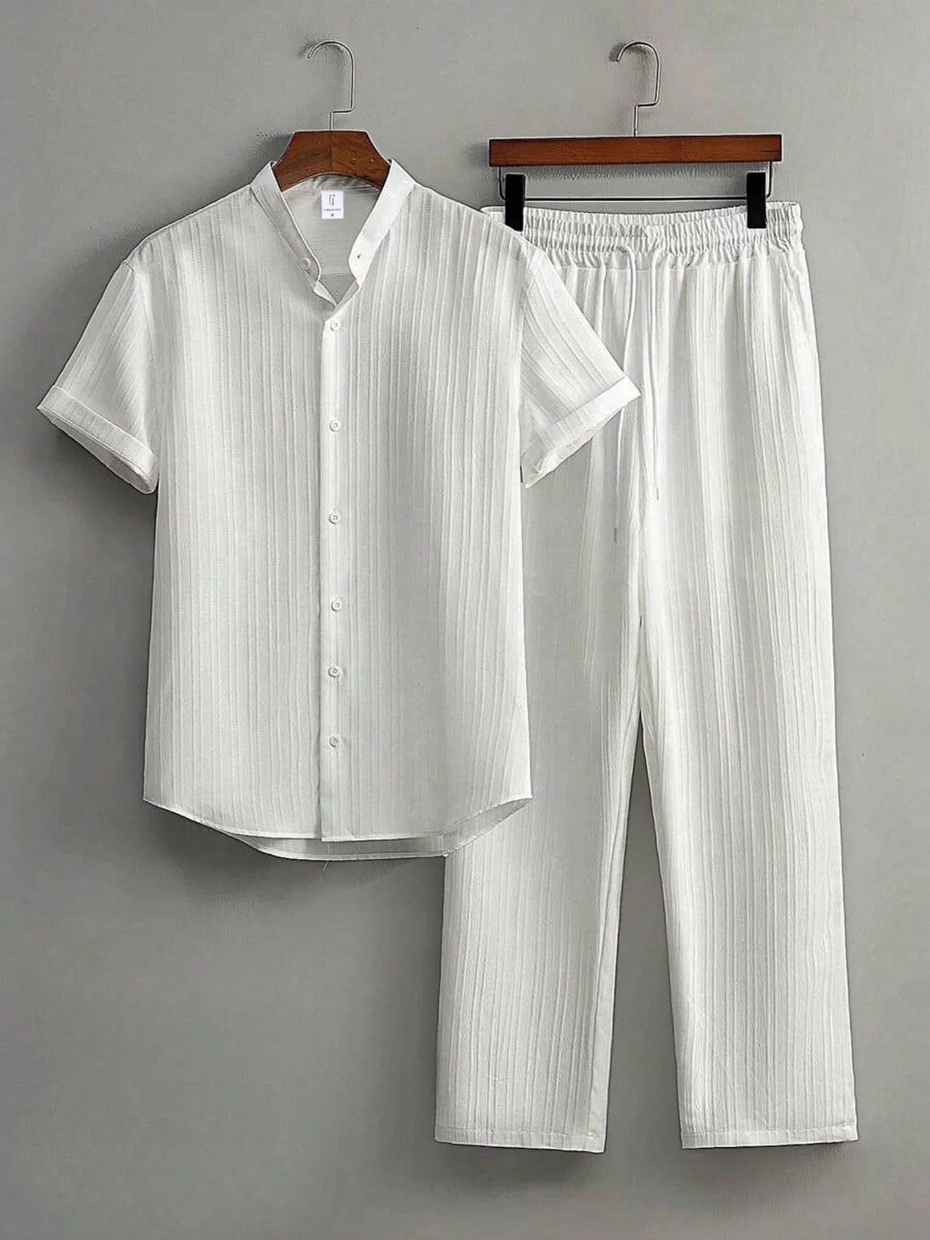 Men's White Vertical Striped Textured Henley Shirt Casual Set 2 Piece Summer Short Sleeve Drawstring Pants Outfit