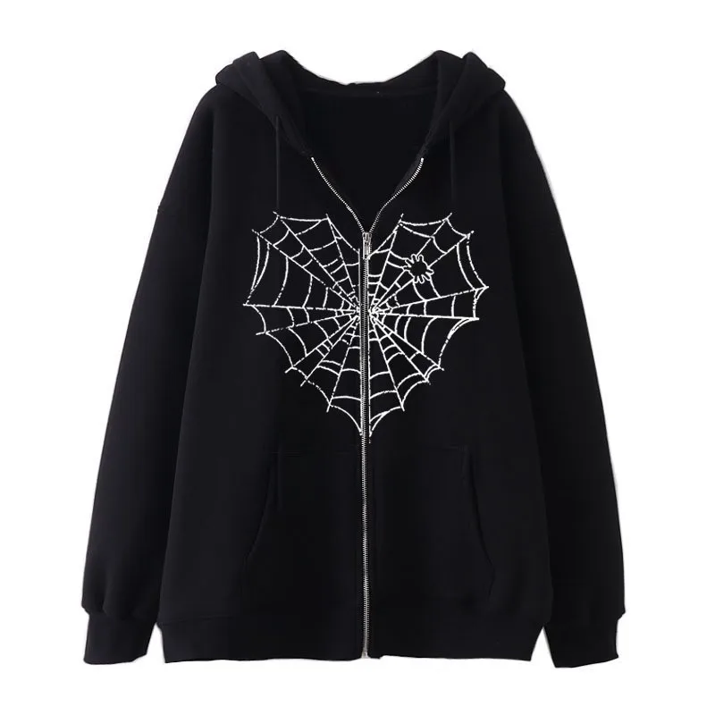 Spider Cobweb Pattern Zipper Hoodies Hip Hop Fashion Y2k Women Men Autumn Loose Zip Up Sweatshirt Retro Trend Couples Clothes