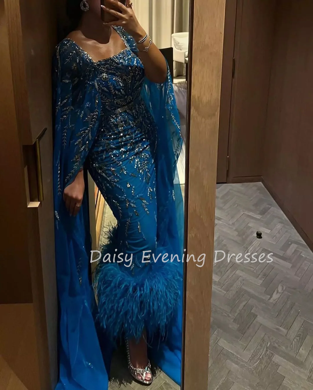 Elegant Square Neck Prom Dresses Beadings Long Sleeves Mermaid Evening Dresses Feather Floor Length Blue Saudi Arabia Customized