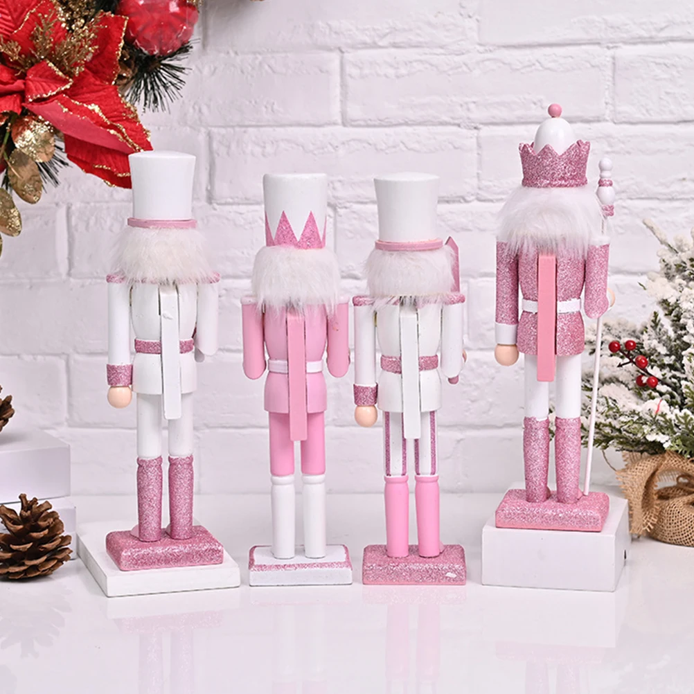 

4Pcs Pink 30Cm Nutcracker Decorations Wooden Christmas Tabletop Figurines Xmas Soldier Puppet Ornaments Miniature Models