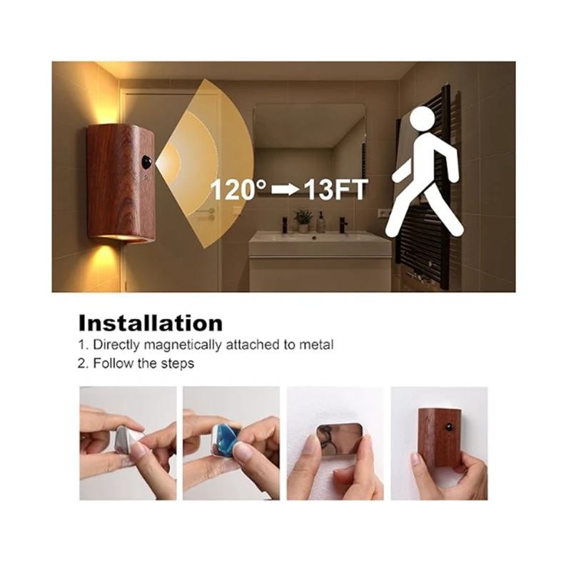 Wooden LED Wall Lamp Human Body Sensing Infrared Night Light USB Charging Cabinet Wardrobe Lamp