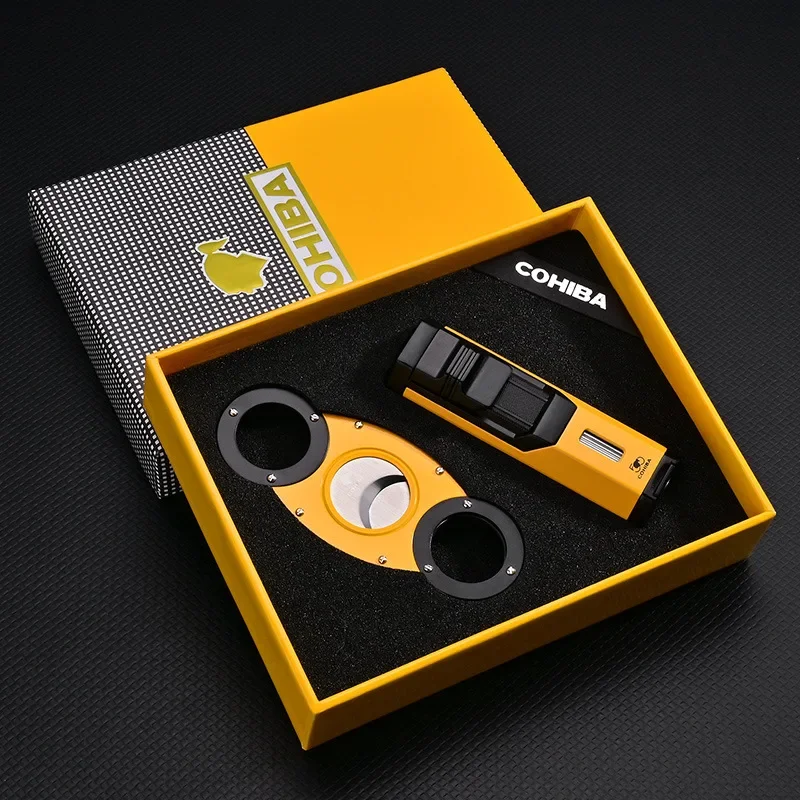 COHIBA Cigar Set Blue Flame Turbo Metal Cigar Lighter Torch Jet Outdoor Windproof Lighter Cigar Puncher Sharp Cigar Knife Gift