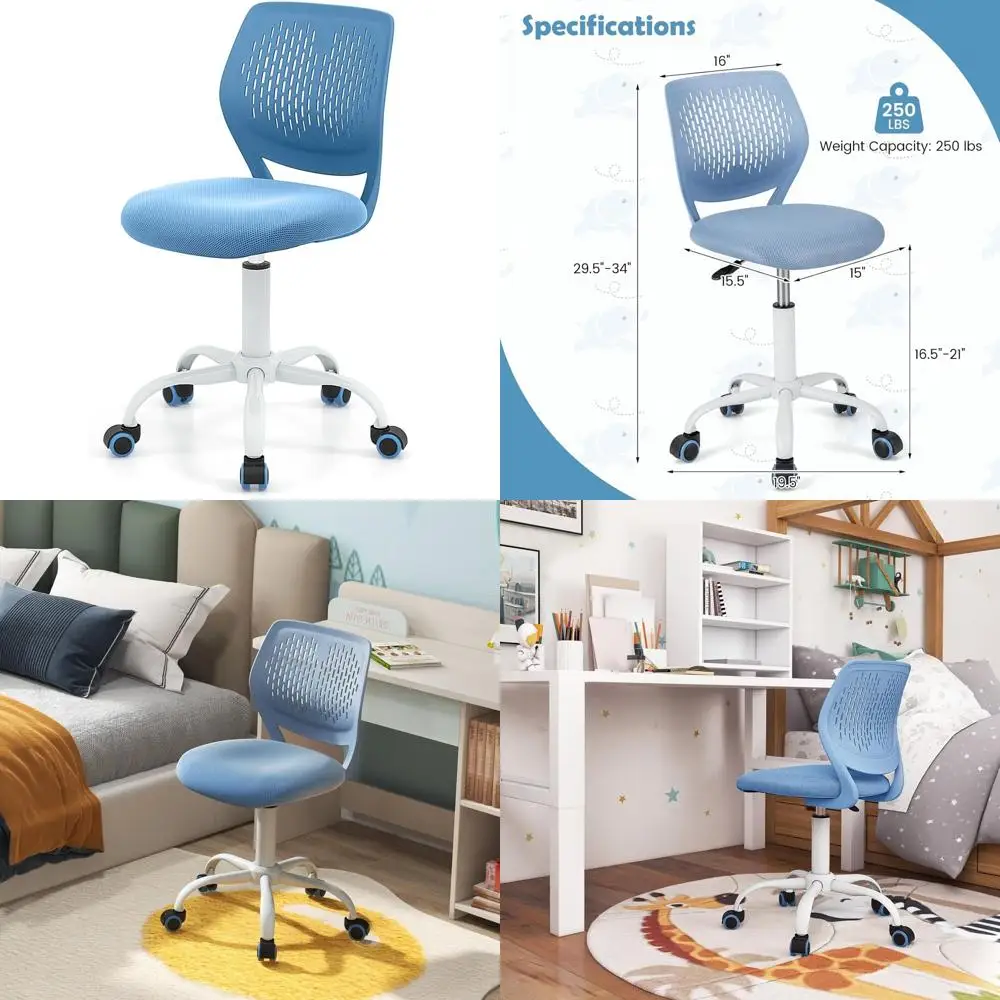 

Mid-Back Swivel Ergonomic Office Chair, Adjustable Height, Armless, Blue Mesh Seat for Home Study