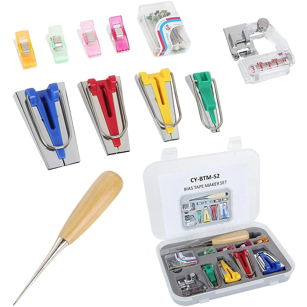 

11PCS Fabric Bias Tape Maker Set Wooden Awl Sewing Clips Adjustable Binding Presser Foot with Case for Sewing Quilting Tool