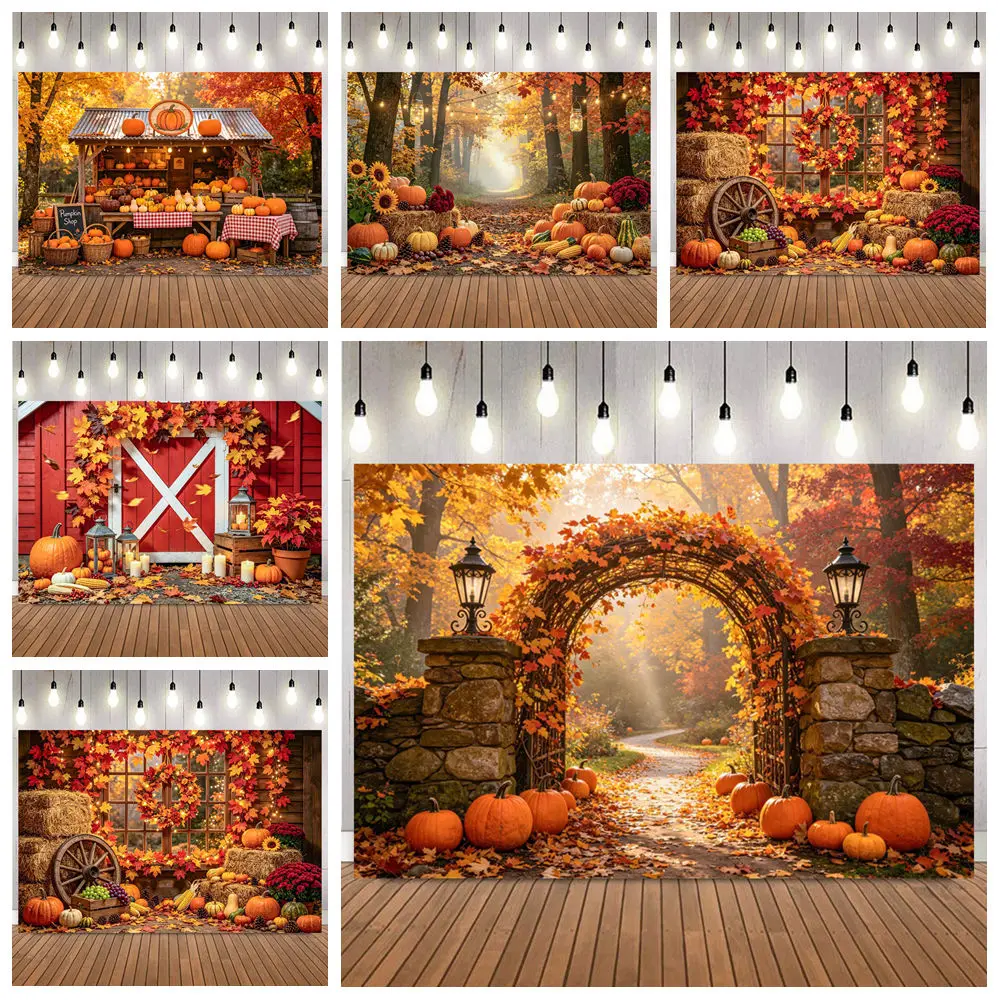 Autumn Arch Photography Backdrops Pumpkin Maple Leaves Forest Natural Landscape Family Thanksgiving Party Decor Photo Background