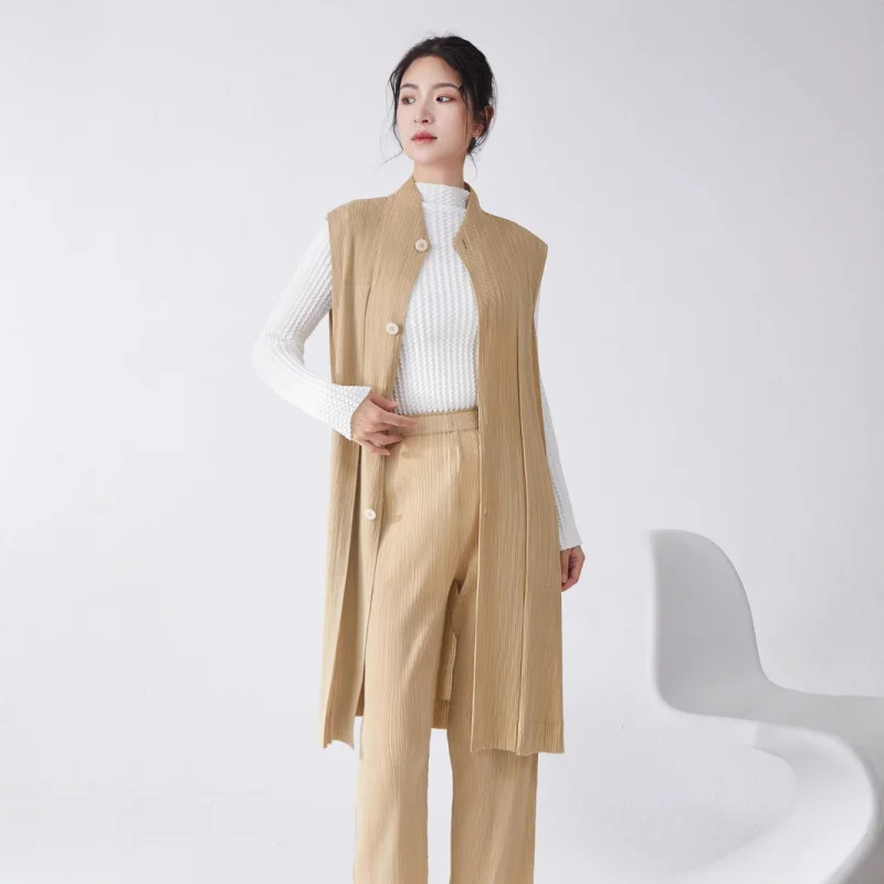 

MIYAKE Simple and slimming jacket style fashionable and pleated medium to long vest versatile for external wear [25426zsj--6023]