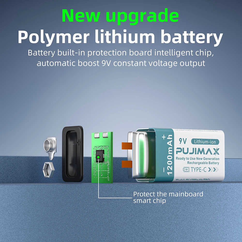 PUJIMAX USB 9 فولت بطارية قابلة للشحن 1200 مللي أمبير نوع-C قابلة للشحن 9 فولت بطارية ليثيوم أيون لنموذج طائرة هليكوبتر متعدد إنذار الدخان #3