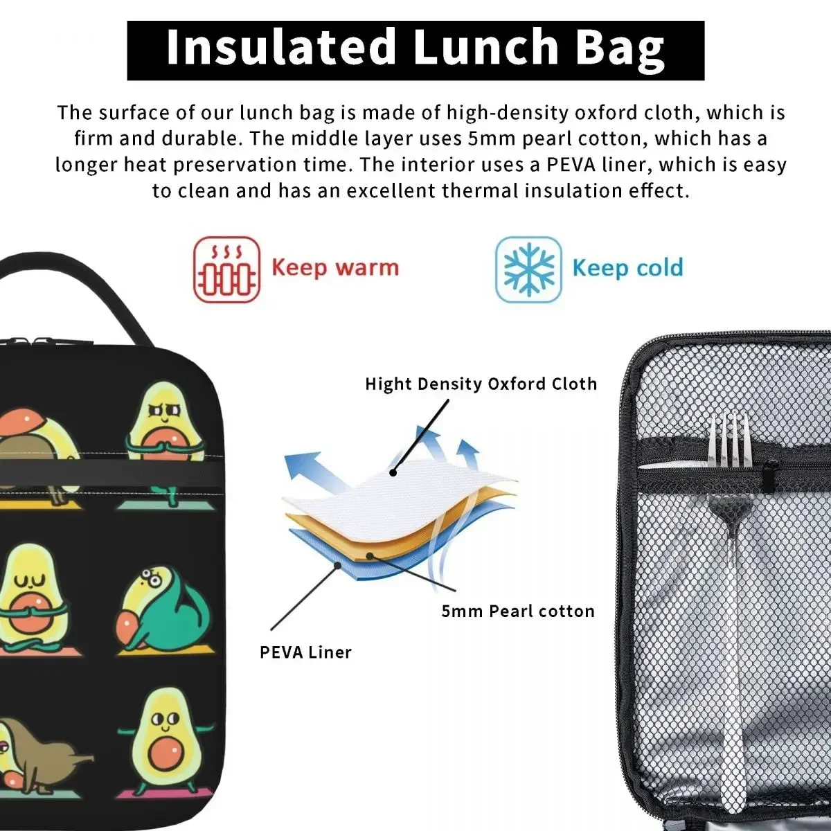 Abacate Yoga Isolados Lunch Bags, Refrigerador portátil, Caixa térmica, Camping, Viagem, Mulheres, Crianças