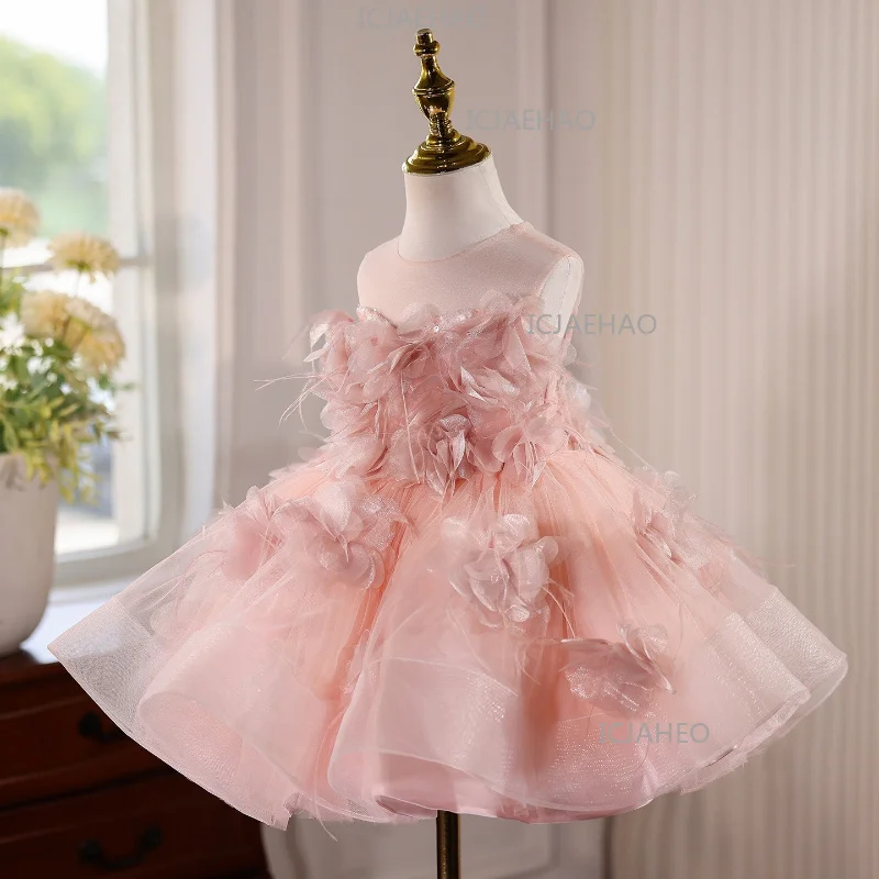 Kids Pink Floral Sleeveless Gown Princess Dress Children Girls Sweet Fashion Host Piano Performance Wedding Flower Girl Clothes