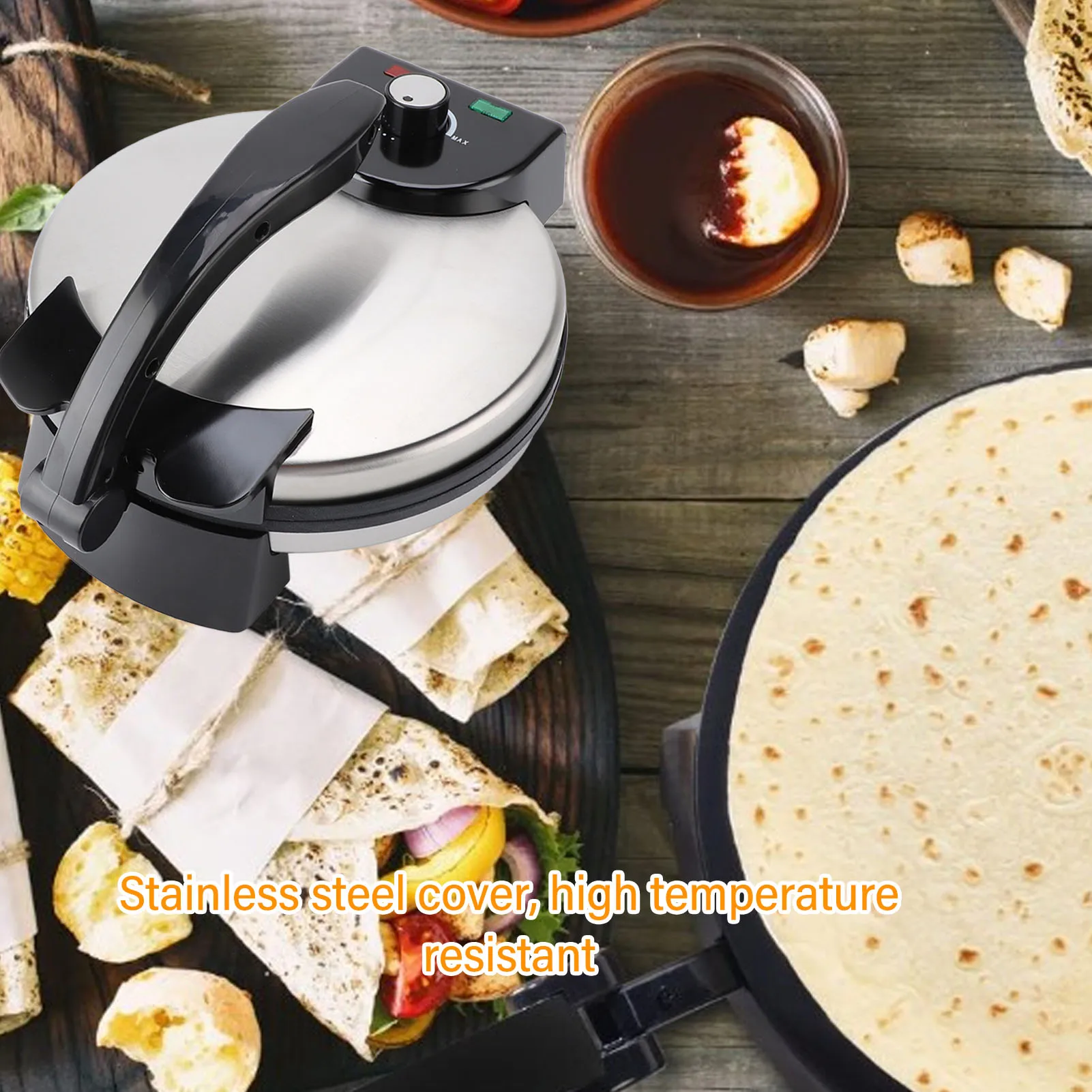 110V 1100W Electric Tortilla Maker, 10in Knob Temperature Control Anti Stick Roti Maker Machine with Stainless Steel Cover