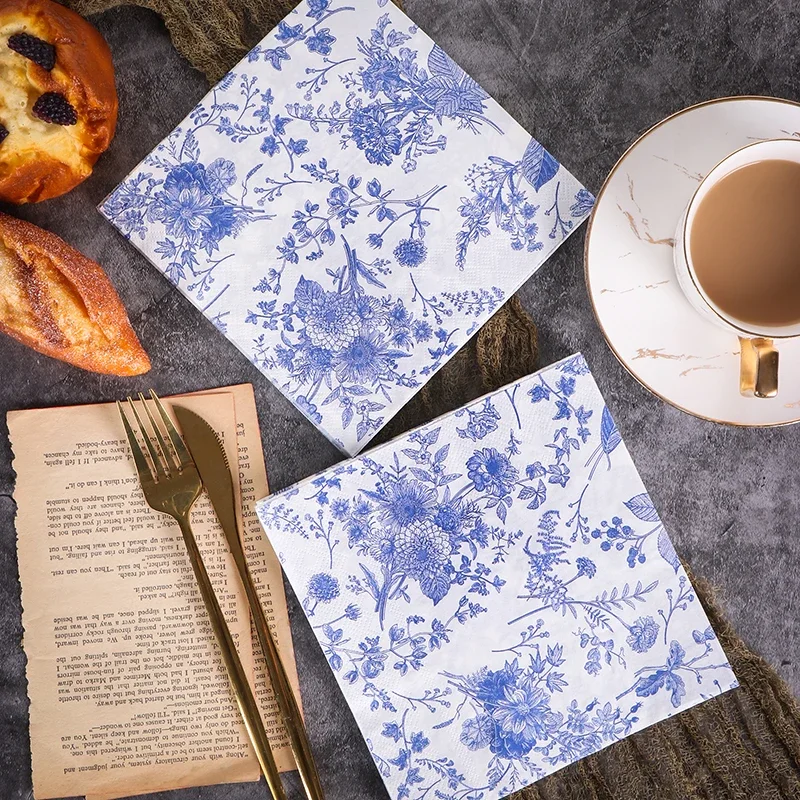 20Sheets/Pack Blue And White Porcelain Pattern Napkins Disposable Napkins Wedding Banquet Mats Chinese Style Printed Paper