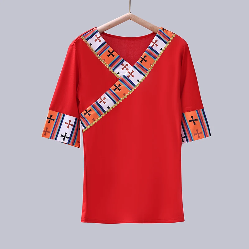 Tibetan Performance Clothing T-shirt Top Mongolian Traditional National Dance Ethnic Costumes Hmong Clothes Folk Dance Wear