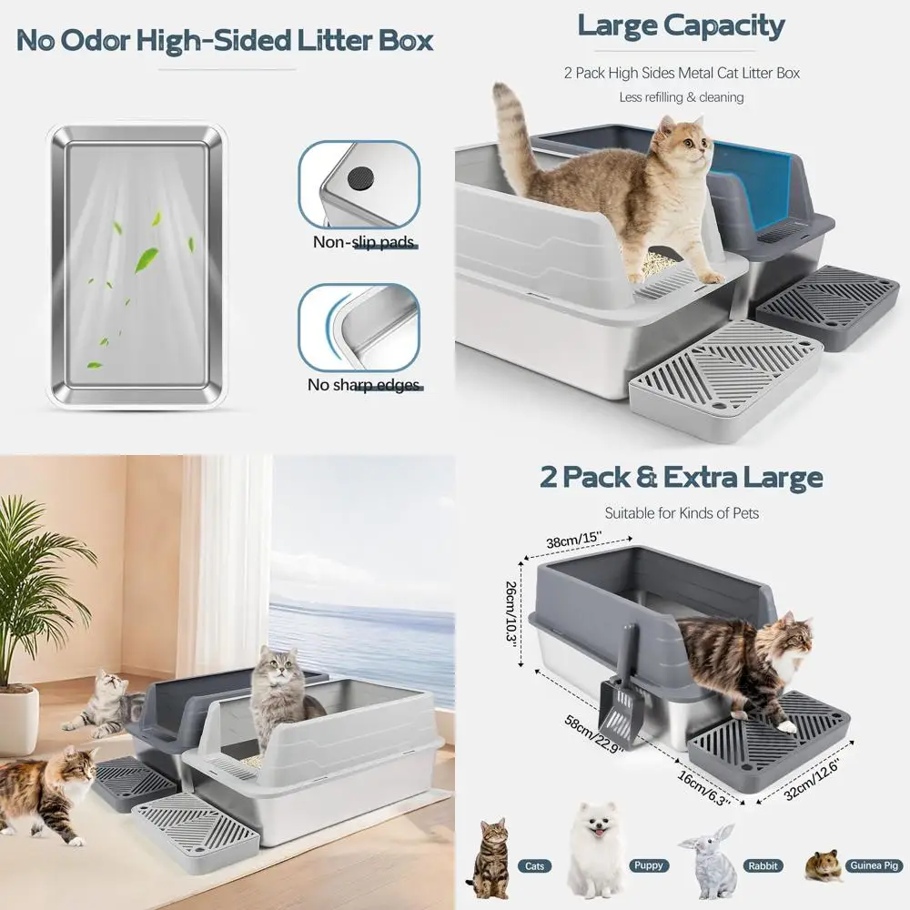 

Очень большой лоток для кошек из нержавеющей стали с высокими бортиками и совком, защита от брызг, контроль запаха, не прилипает к поверхности, легко чистится, XL 22.9x15x10.3