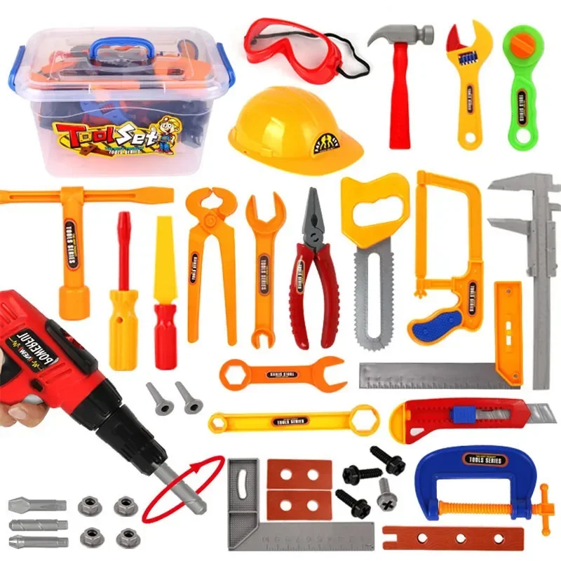 Simulação infantil Repair Tools Toolbox, capacete de furadeira elétrica, fingir jogar, caixa de ferramentas de manutenção mecânica, brinquedo para menino, 37 peças por conjunto