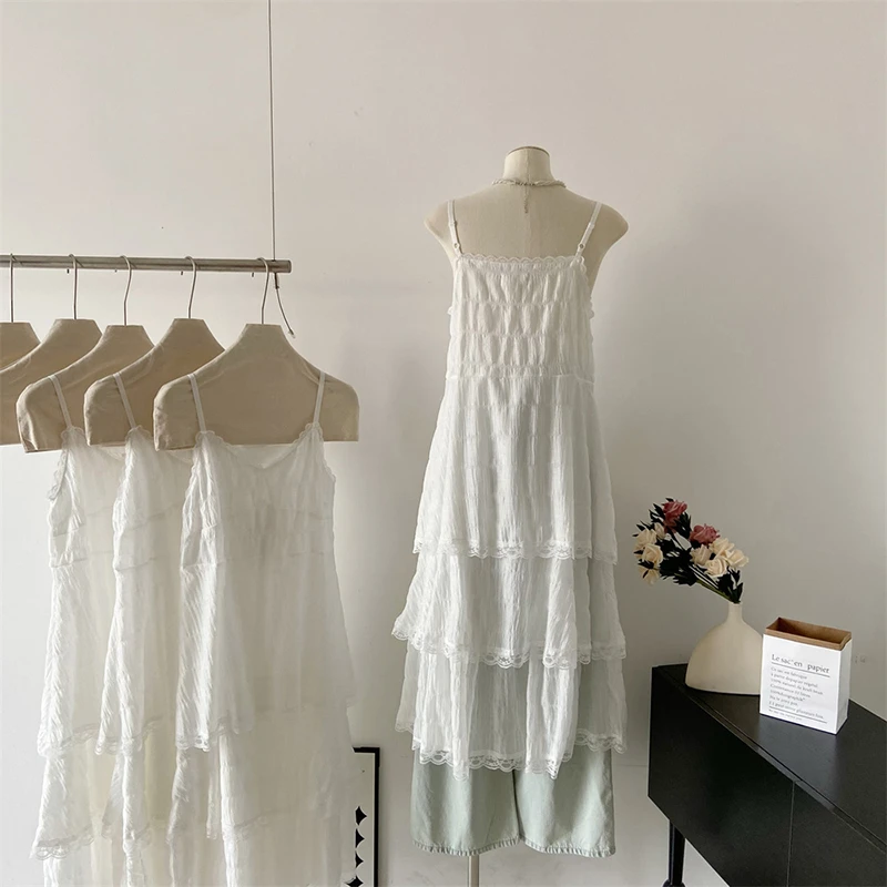 Women White Camis Dress Lace Patchwork Summer Korean Fashion Sexy Long Skirt Thin Off Shoulder Cake Dresses Ins Female Clothes