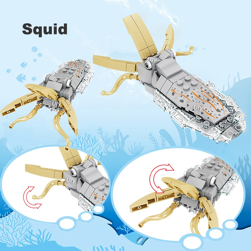 Moc Ocean Marine Fish Animals Lobster Octopus Squid Hermit Crab Model Set Building Blocks Diy Children Assemble Toy for Kid Gift