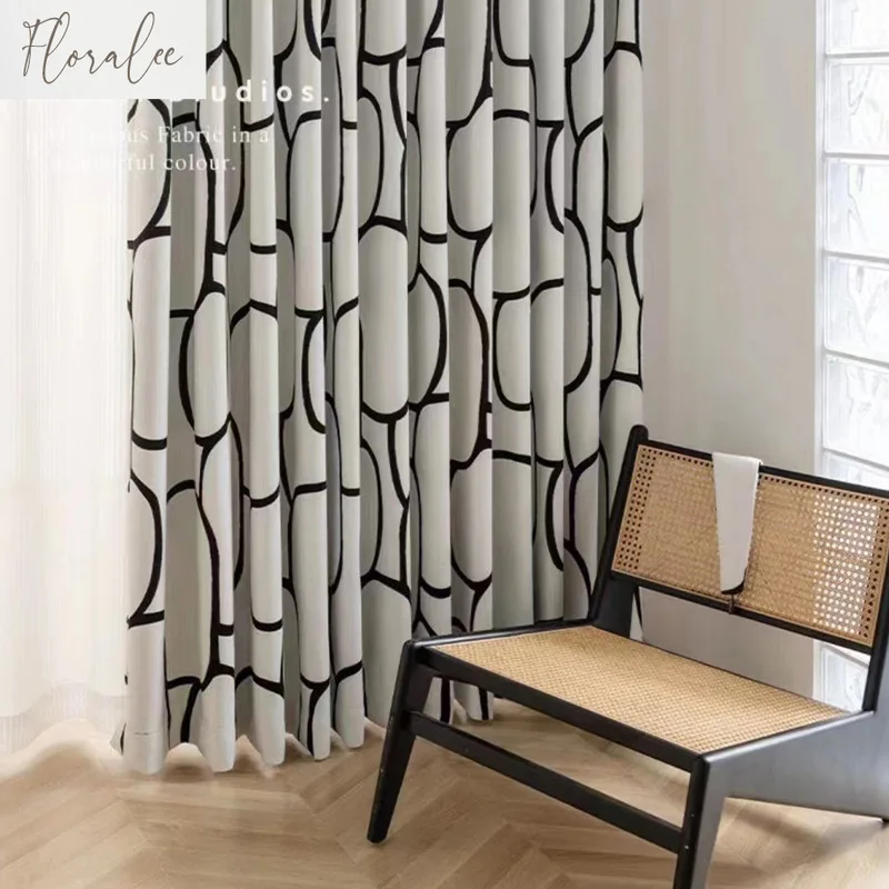 Striped Chenille Black and White Jacquard Blackout Curtains for Living Dining Room Bedroom French Abstract Curve Fabric Custom