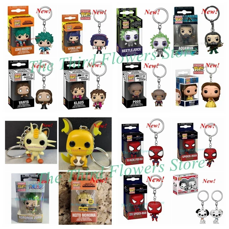 New 41 styles FUNKO POP Keychains Spiderman Izuko Jiro Aquaman Pongo Umbrella Academy Belle Vanya  Zoro Klaus Action Figure Toys