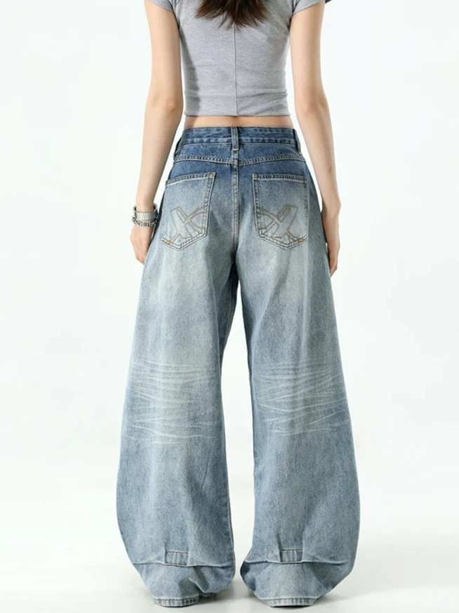 

Vintage Chicly Button Jeans Women American Simple Baggy High Waisted Denim Pants Washed Y2K Wide Leg Jean Trousers