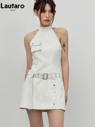 Lautaro Spring Summer Sleeveless White Crocodile Print Faux Leather Halter Dress Women with Belt Retro Runway Fashion Clothes