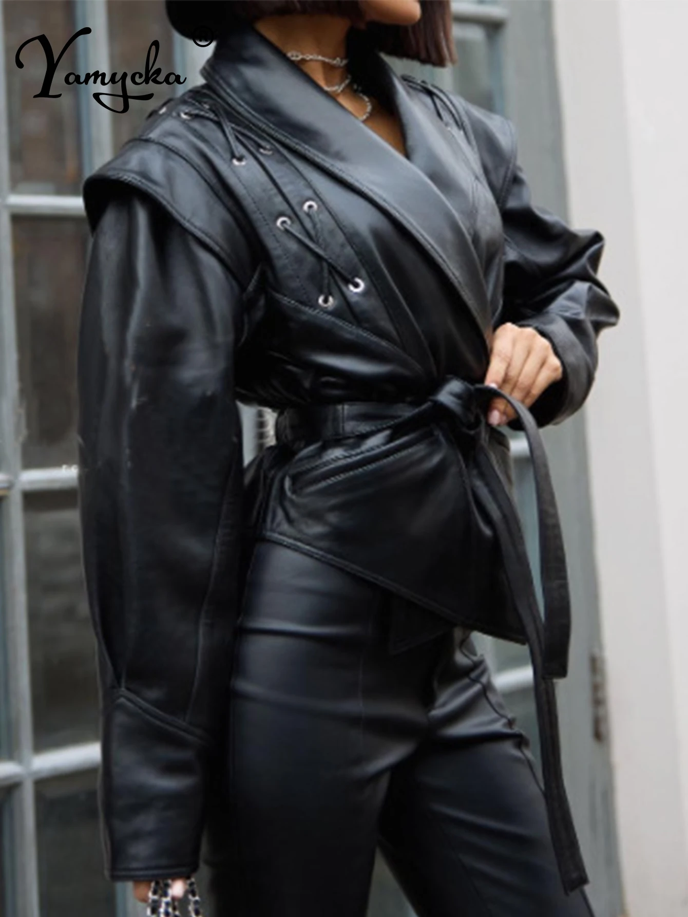 

Sexy vintage black PU leather jacket women winter casual outerwears jackets for woman long Sleeve coat streetwear fashion coats