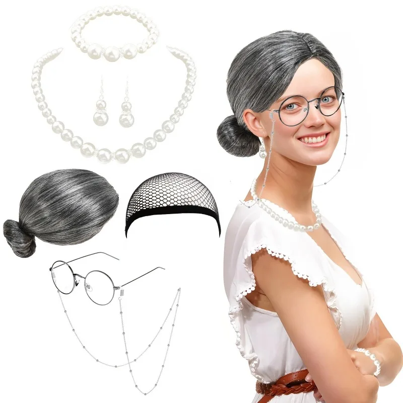 Halloween Old Man Wig Beard Set Middle Aged Men Costume Old Lady Wig Set