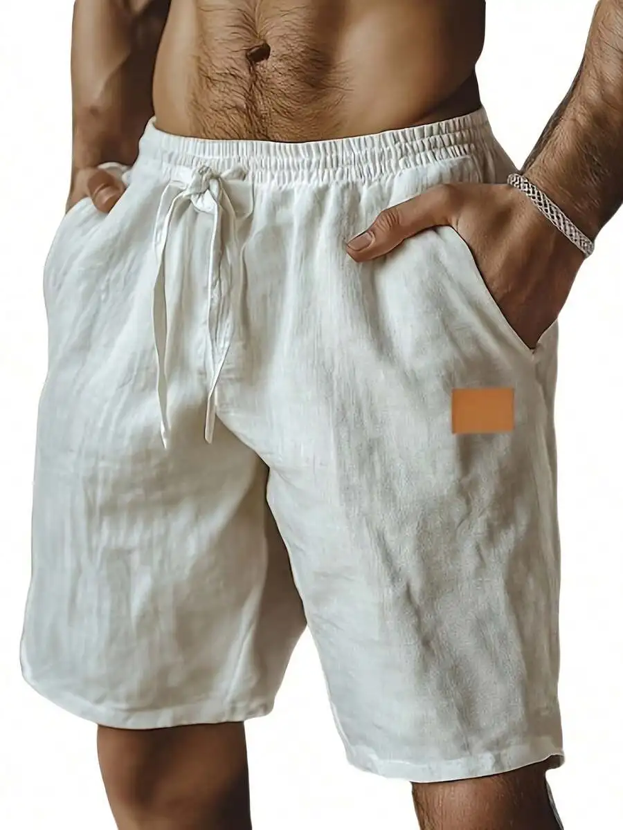 

Mens Linen Drawstring Shorts Elastic Waist Casual Beachwear With Pockets