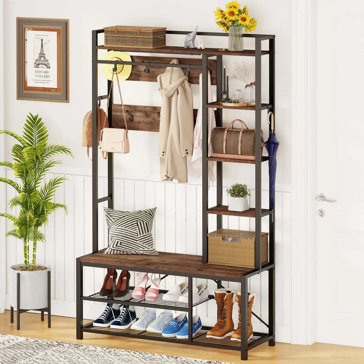 Hall Tree Shoe Storage Bench Organizer, Reversible Entryway Coat Rack With Hanging Hooks And Shelves For Mudroom Bedroom Living Room, Rustic Farmhouse Furniture, Rustic Oak
