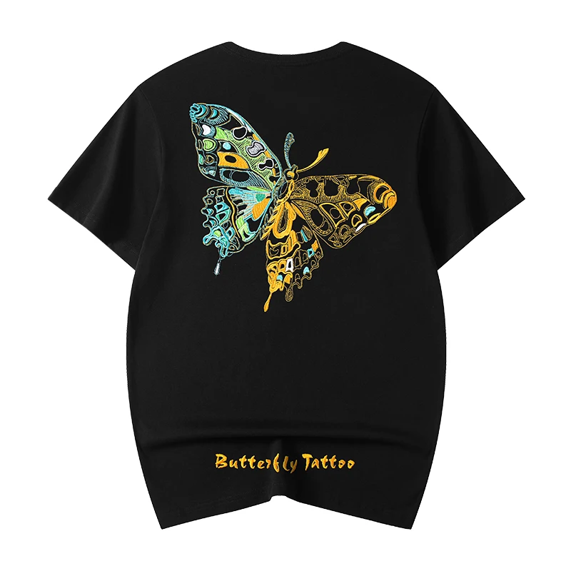 

Summer Graphic T Shirts Men Butterfly Embroidery T Shirt Harajuku Retro Short Sleeve Street Fashion Cotton Tees Tops Hipster