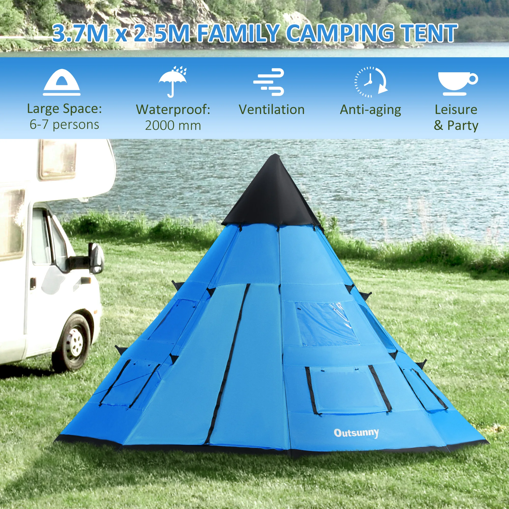 Outsunny 6 Men Tipi Tent, Camping Tent, Teepee Family Tent with Mesh Windows, Sewn-in Tent Floor, Two Doors and Carry Bag