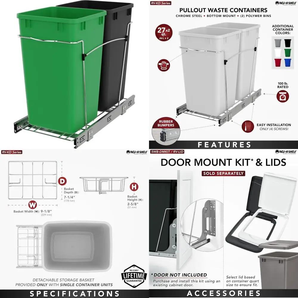 

Kitchen Cabinet 27 Qt Pullout Trash Can with Full Extension Slide, Garbage Recycling Bin, Green/Black, Large Capacity