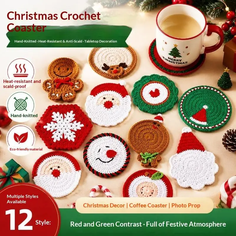 2027 Christmas Crochet Coaster Cute Knitted Coffee Pad Desk Accessories Christmas Gift