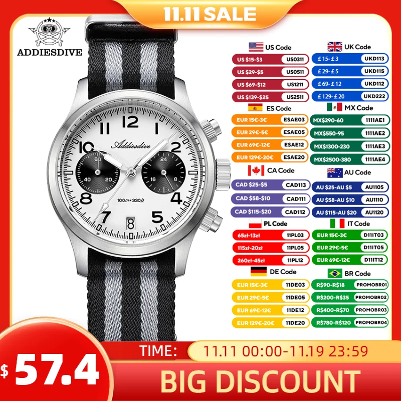 

ADDIESDIVE 2025 New Men Watch 38mm Chronograph Luxury Sapphire Glass BGW9 Luminous 100m Waterproof Diving VK64 Quartz Wristwatch