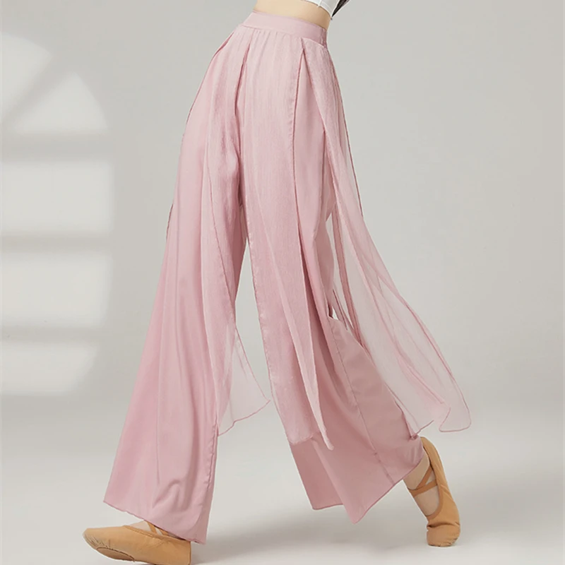 

Классические танцевальные брюки для женщин, двухслойные, широкие, с шифоновыми вставками, для йоги, современного танца, тренировок и выступлений