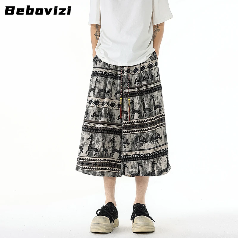 

Mens Ethnic Elephant Print Ice Silk 7/8 Pants - Loose Fit, Quick Dry, Casual Beach Trousers