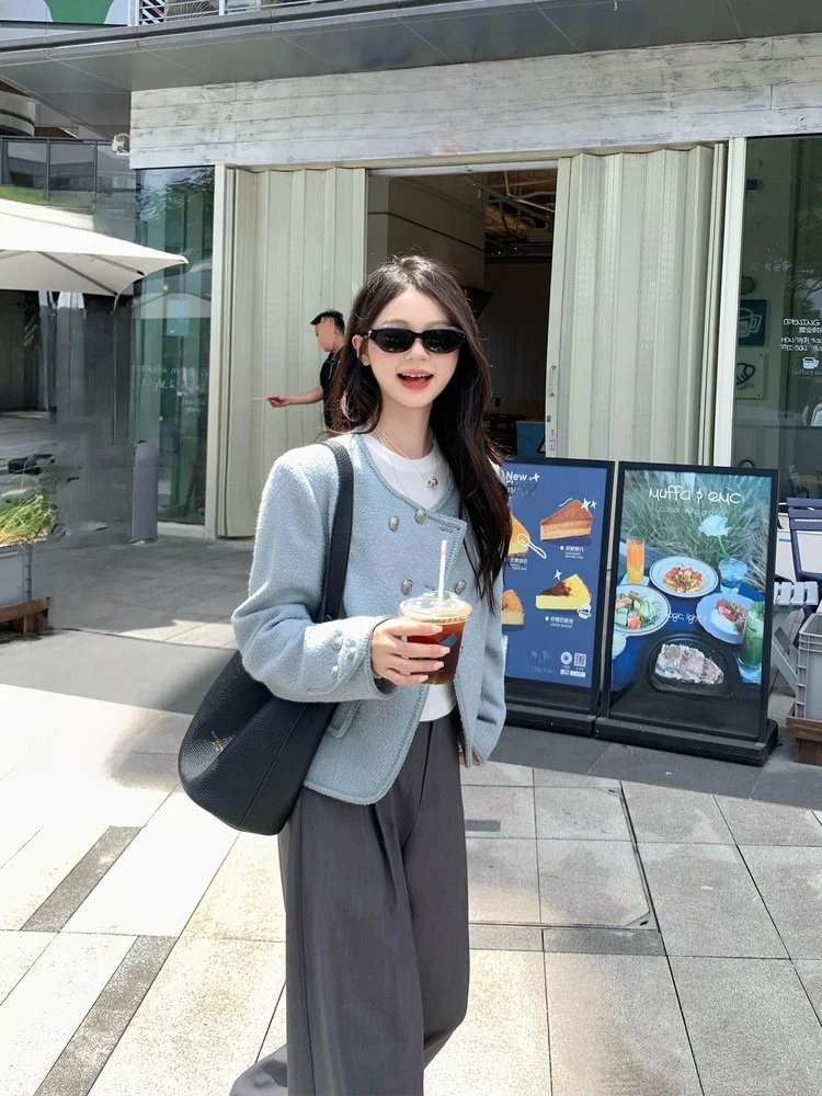 

Элегантная короткая женская шерстяная куртка для невысоких, осенний дизайн, повседневный стиль, круглый вырез, смесовый полиэстер, длинный рукав, свободный крой